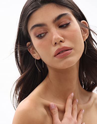 Flyearth Handmade Threader Earrings For Women Pull Through Chunky Gold Open Hoop Statement Jewelry Earrings Plated 925 Sterling Silver Rings Thick 14K Gold Teardrop Trendy Drop Dangle Women's Earrings #TOP2