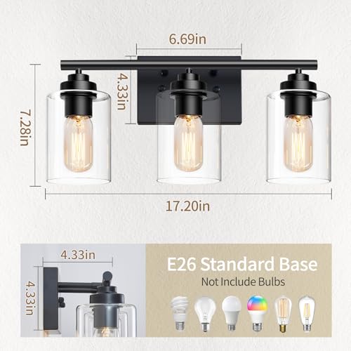 Image of SKEJAO Bathroom Light Fixtures Over Mirror,3-Light Wall Sconce Vanity Lights for Bathroom,Vanity Lighting Fixtures,Black