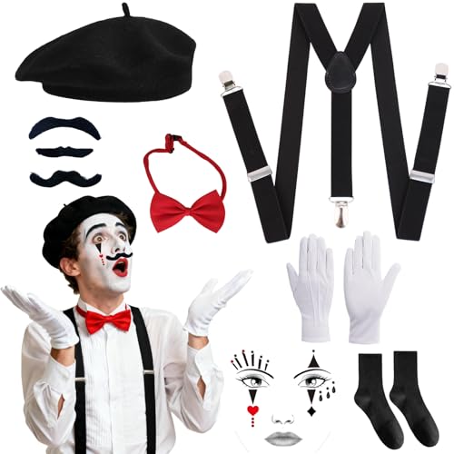 Pantomime Kostüm Damen Herren Karneval Pantomime Französin Kostüm Zubehör Schwarze Baskenmütze Gesichtstattoo Strümpfen Schnurrbärten Handschuhe Hosenträger Fliege Faschingskostüme Karneval kostüm