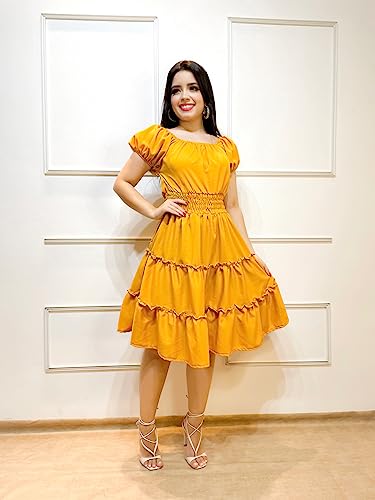 Vestido Ciganinha com babado Franzido rodado Ombro a Ombro Mostarda