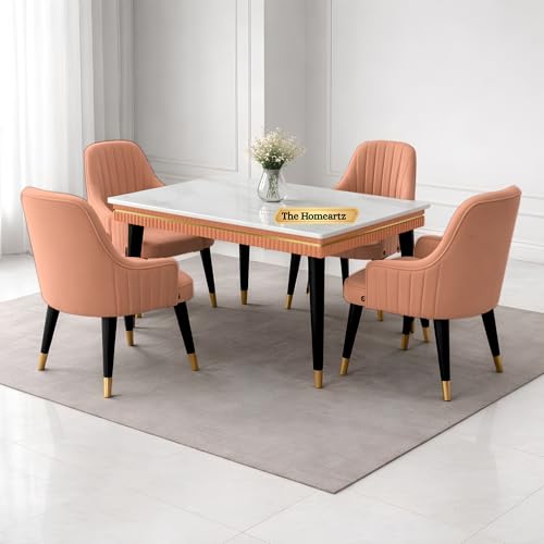 Image of Elara Modern Dining Table Set 4-Seater Wooden Dining Table Set | 1 Year Warranty | Nano Composite Marble Marble Top Table with 4 Chairs (Pink)