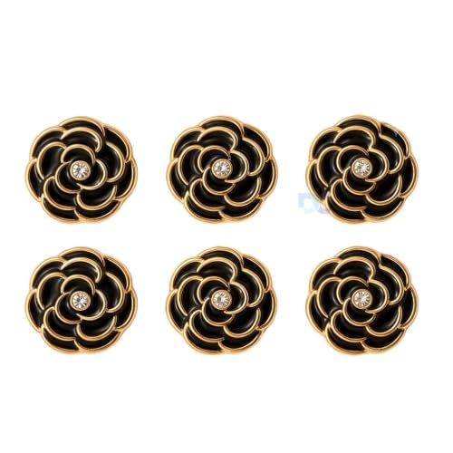 Image of Pack of 6 Resin Rose Flower Buttons Diameter 20 L Shank Button for Sewing and Art and Craft| Beautiful Black Rose with Golden Edges and Rhinestone in Centre