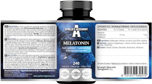 Melatonin 240 Vegane Tabletten - 1mg pro Portion - 480 Portionen in der Packung - für effektives Schlafmanagement - von Apollo's Hegemony