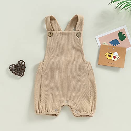 Toddler Baby Boy Girl One Piece Suspender Overalls Short Jumpsuit Sleeveless Plain Romper Outfit Cotton Bib Pants (A-Khaki , 0-3 Months ) #TOP1