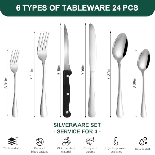 Image of 24-Piece Silver Silverware Set with Steak Knives Black Stainless Steel Flatware Set for 4 Food Grade Tableware Cutlery Set Rust-proof, Mirror Polished, Dishwasher Safe
