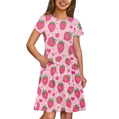 Image of Girls Dress with Pockets Basic Short Sleeve High Waist Swing Skater Dress School Party Dress for Kids