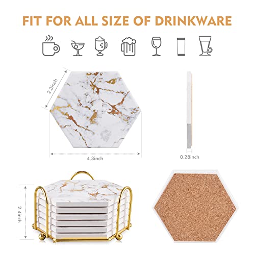Marble Coasters for Drinks Absorbent with Cork Base,Drink Coasters Set of 6 for Table,Ceramic Coaster with Holder,Home Decor Coffee Cup Beverage Wine Beer Bar Coaster (Gold04) - Image 3