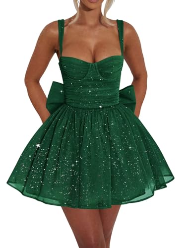 UZN Emerald Green HOCO Dress 2025 Flowy Corset Sparkly Homecoming Dresses with Bow Short Sweetheart Tulle Backless Prom Gown for Teens US6