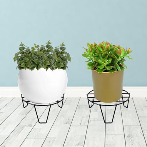 Image of Pivalo Round Plant Stand Galvanised Metal Gamla Support Corner Rack Display Shelf Indoor & Outdoor Flower Pot Holder for Planters Home Garden Balcony Decoration (Pack of 2, Black)