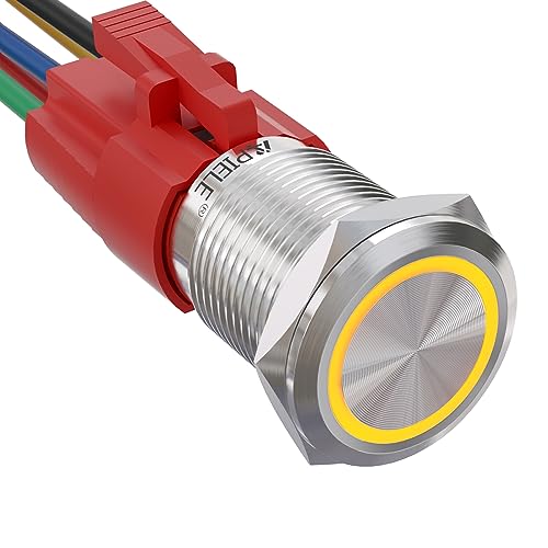 Image of APIELE 16mm Latching 12V Push Button Switch On Off Stainless Steel with LED Angel Eye Head for 0.63 inch Mounting Hole with Wire Socket Plug Self-Locking (Yellow)
