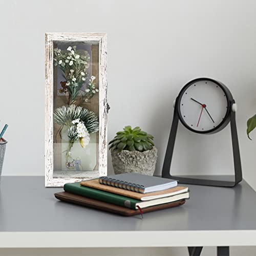 Image of GraduationMall 5x12.5 Wood Shadow Box Frame Glass Door Display Case with Linen Back and 6 Stick Pins,1.5 inches Interior Depth,Ideal for Memorabilia Pictures Flowers Medals Tickets Rustic White