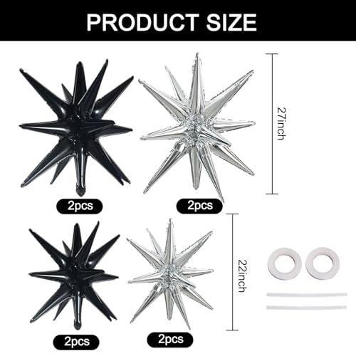 Image of TONIFUL 8 Pcs Explosion Star Balloons Black and Silver Foil Party Decor | 2 Size Mylar Star Balloon for New Year Party Decoration Graduation Mens Birthday Wedding Baby Shower Photo Booth Supplies