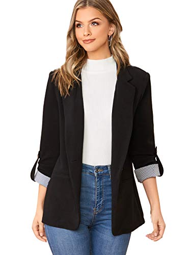 Verdusa Women's Elegant Roll Up Sleeve Open Front Notch Collar Blazer Black XL