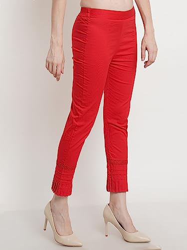 Image of POPWINGS Women Casual White Bottom Lace Cotton Trouser