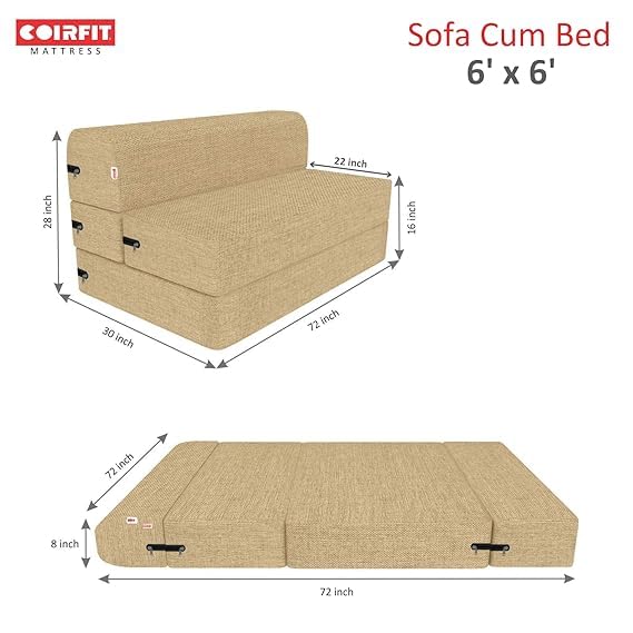 Image of Coirfit 3 Seater Folding Sofa Cum Bed - Perfect for Guests - Jute Fabric Washable Cover with Free Cushions, Beige | 6' X 6' Feet