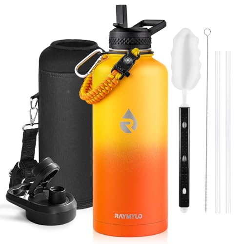 RAYMYLO Insulated Water Bottle 2600 ml, Triple Wall Vacuum Stainless Steel (Cold for 48 Hrs), Leak Proof & Non-BPA, Modern Water Flask Jug with Paracord Handle & Straw Spout Lids, Ombre Orange