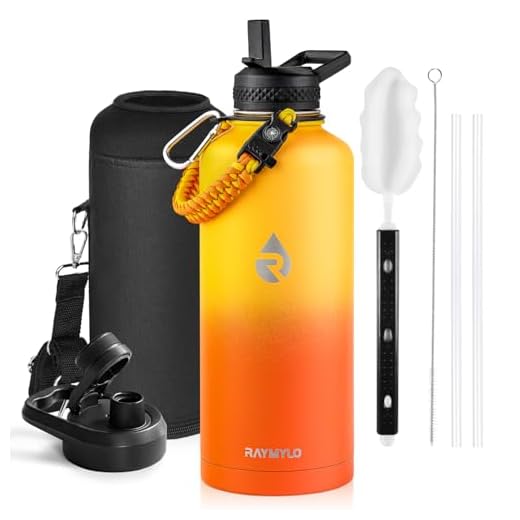 RAYMYLO Insulated Water Bottle 87 oz, Triple Wall Vacuum Stainless Steel (Cold for 48 Hrs), Leak Proof & Non-BPA, Modern Water Flask Jug with Paracord Handle & Straw Spout Lids, Ombre Orange