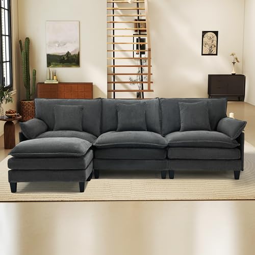 Image of 106 inch L Shaped Modular Sectional Cloud Couch, Modern Sofa with Ottoman, 4-Seat Deep Seat Sofa with Pillows for Living Room, Bedroom and Apartment, Grey