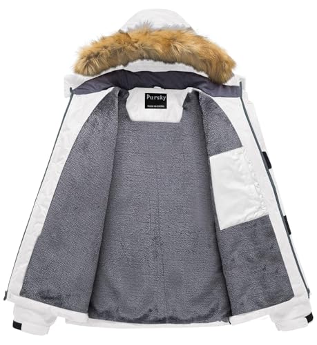 Image of Pursky Men's Waterproof Ski Jacket Winter Snow Coats Fur Hooded Raincoats Parka