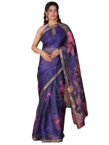 Image of Satrani Women's Kota Chex Printed Saree with Unstitched Blouse Piece