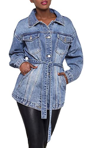 CHARTOU Women's Chic Lapel Collar Belted Button Down Washed Midi Denim Jacket Tops3