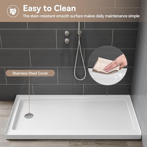 Image of HOROW 60 inch x 30 inch Shower Base, Left Drain Shower Pan, Low Profile Acrylic Base with Reinforced Fiberglass, Non-Slip Surface, Stainless Steel Drain Cover, Leak-Resistant for Bathroom