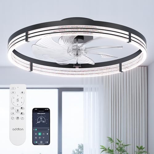 Image of addlon Ceiling Fans with Lights and Remote, 24'' Low Profile Ceiling Fans, 3000-6000K Dimmable Modern Flush Mount LED Fan Light, Fandelier Ceiling Fan for Bedroom, Kitchen, Living Room, Black
