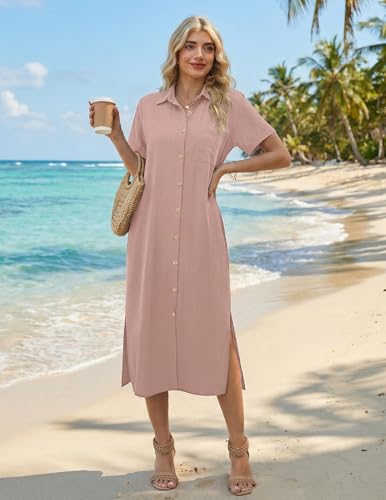 Image of HOTOUCH Womens Dress Summer Casual Midi Short Sleeve Button Down Shirt Dresses Beach Cover Up with Pockets