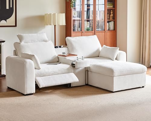 Image of 102.8'' Loveseat Power Recliner Sofa with Headrest, Oversized Cloud Modular Sectional Couch with Table, Drawer, Charging, 3-Seater with Storage Ottoman for RV Home Theater, Chenille, White