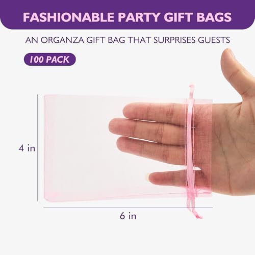 Image of PACKINNO 100pcs Pink Organza Bags, Sheer Organza Bags 4x6 Inch, Small Mesh Bag, Drawstring Gift Bags for Jewelry, Party, Candy, Christmas, Festival, Bathroom Soaps, Makeup