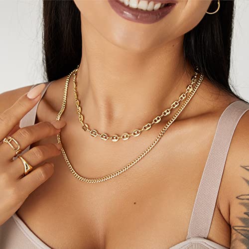 KissYan Gold Necklace for Women, 14K Gold Plated Dainty Chain Choker Chunky Figaro Snake Mariner Cuban Link Chains, Adjustable Trendy Necklaces Handmade Jewelry4
