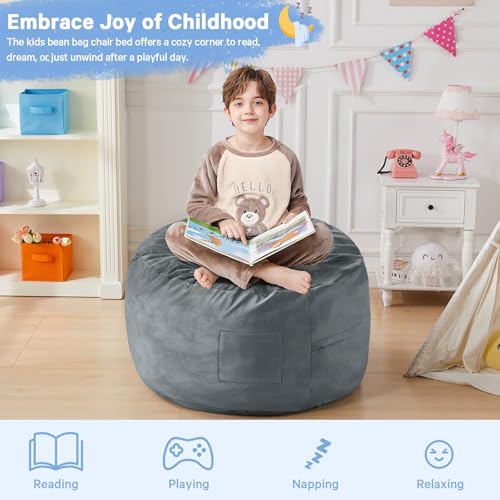 Kids Bean Bag Chair Bed - Convertible Lazy Chair to Floor Mattress with Filler - Small Beanbag Chair for Boys and Girls - Floor Couch Sofa in Bedroom, Classroom, Reading Nook - Charcoal