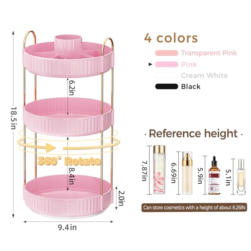 Image of 360 Rotating Makeup Organizer, Upgraded 3 Tier Skincare Perfume Organizers for Women, Bathroom Organizer Countertop, Clear Cosmetic Dresser Organizer with Makeup Brush Holder, Sink&Counter(Pink)