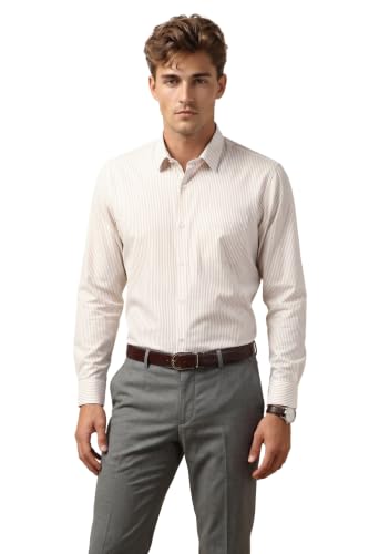 Image of Peter England Men's Regular Fit Full Sleeve Striped Formal Shirt | Cotton Rich | Wonder Fabric | Premium Dobby Weave