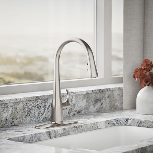 Image of KOHLER K-597-VS Simplice Pull Down Kitchen Faucet, 3-Spray Faucet, Kitchen Sink Faucet with Pull Down Sprayer, Vibrant Stainless