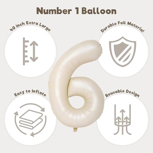 Image of Number Balloons for Birthday Decorations - 40 Inch Large Party Balloons 6, Cream Foil Number Balloons for Boys Girls, Balloons for Party Supplies