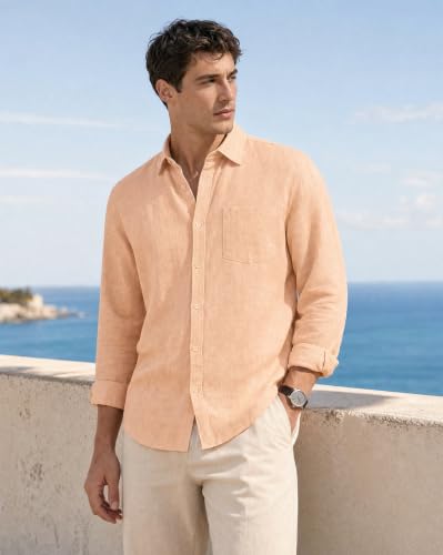 Image of Nobero Breezy Premium Linen Cotton Shirt for Men | Stylish Casual Shirts for Men | Semi Cut Collar | Box Pleat | Curved Hem | Regular Fit | Full Sleeve | S-XXXL