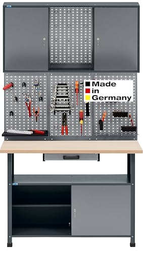 Set da officina 3 in 1, per officina, banco da lavoro, 120 cm, con 12 ganci standard in metallo, grigio chiaro antracite