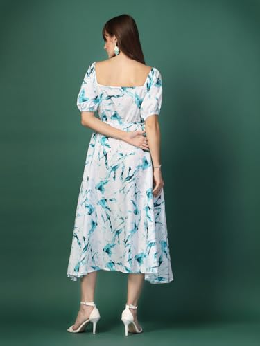 Image of OOMPH! Below Knee Shift Pink Dress in Crepe Fabric with Round Neck and Puff Sleeves - md619l