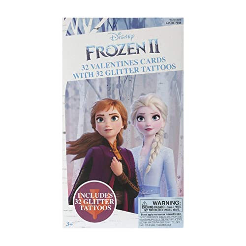 Disney Frozen II 32 Valentines Cards with Glitter Tattoos