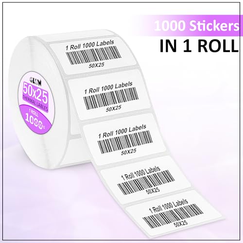 Image of GLUN Direct Thermal Printing Labels 50x25mm, 1000 Stickers per Roll, Premium White Self-Adhesive Tags for Barcode, MRP & Retail Use