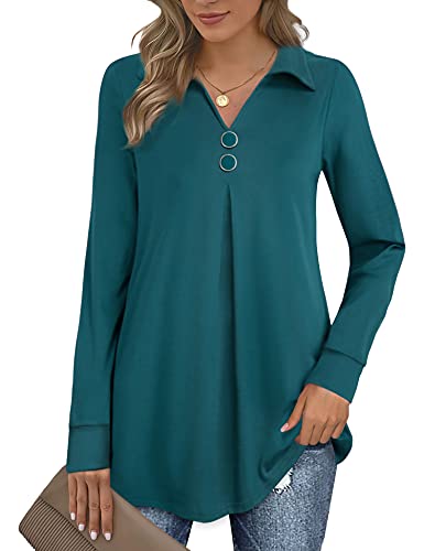 Bebonnie Womens Tunic Tops for Leggings, Misses Long Sleeve Dress Shirts for Women Business Casual Ladies Dressy Peasant Office Tops Henley V Neck Pullover Tunic Blouse Tops with Buttons Dark Cyan M
