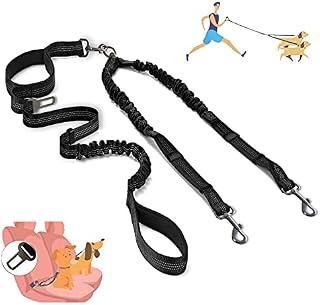 Kelivi Double Dog Lead, Dual Lead for Dogs No Tangle with Two Padded Handle & Car Seat Belt Buckle, 360° Swivel Heavy Reflective Adjustable Bungee Double Dog Leash for Walking Medium Large Dog (Black)