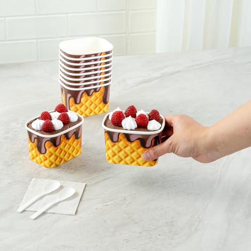 Image of Restaurantware Paper Cups 50 Count 12 Ounce Square Disposable Ice Cream Containers, Leak-Resistant Paper Dessert To Go Cups, Hot And Cold Food, Durable Chocolate Drizzle Design