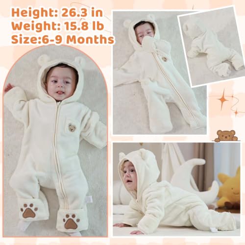 Image of Fairy Baby Newborn Baby Bear Outfit With Fold-Over Mittens Footies Thin Fleece Romper Hooded Jumpsuit Winter Coat Girls Boys
