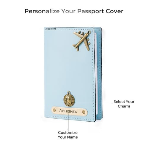 Image of AICA Personalised Name & Charm Leather Passport Cover Holder for Men & Women (Babyblue) | Gifts for Woman | Gift for Man | Passport Cover for Men | Diwali Gift Hamper | Corporate Gifts for Employees