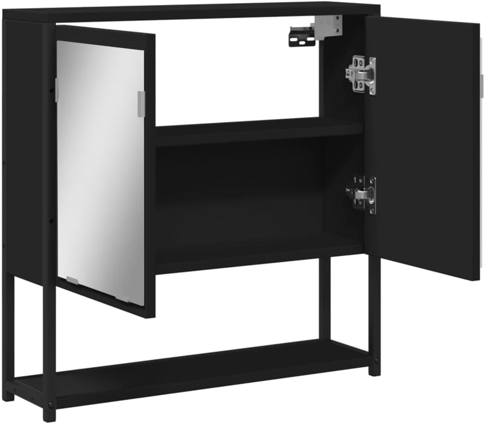 Modern Black Bathroom Mirror Cabinet with Two Spacious Compartments for Wall Mounting Storage and Organization
