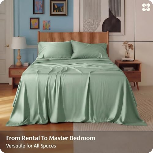 Image of Bedsure Full Size Bed Sheets, Cooling Sheets, Rayon Derived from Bamboo, PureWoven, Breathable & Soft, Deep Pocket Up to 16 Inches, Hotel Luxury Silky Bedding for Hot Sleepers, Sage Green