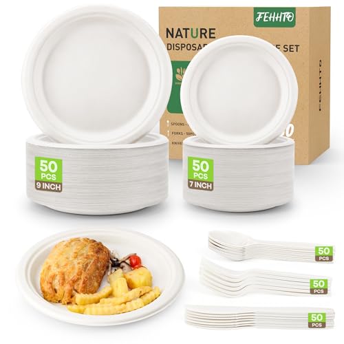 FEHHTO 250PCS Disposable Paper Plates Set and Utensils, Compostable Dinnerware