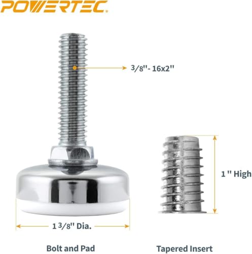 POWERTEC Threaded Leveling Feet 4PK with 3/8"-16 Threaded Inserts, Heavy Duty Adjustable Furniture Levelers with Large Nylon Foot for Cabinets, Benches, Tables & More (71189) by POWERTEC - Image 5